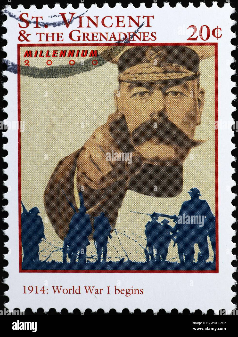 Rekrutierungsplakat für den Ersten Weltkrieg auf Briefmarke Stockfoto