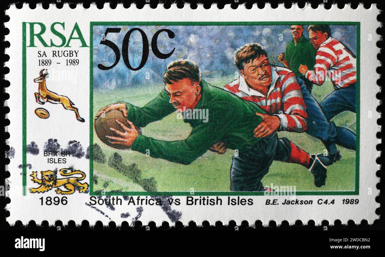 Das Rugby-Spiel 1896 Südafrika gegen Britische Inseln wurde auf Briefmarken gefeiert Stockfoto