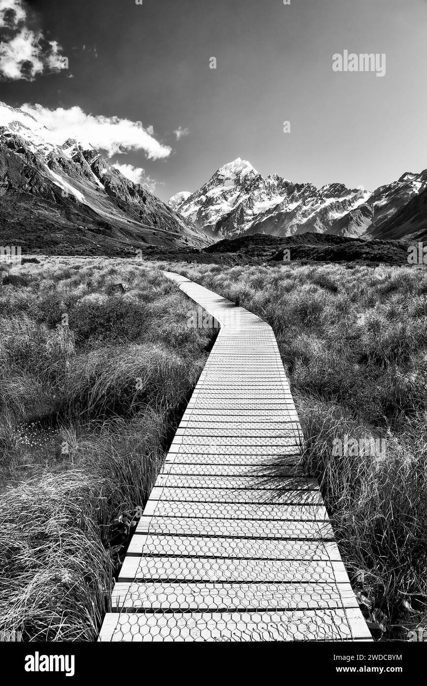 Dramatische schwarz-weiße Holzpromenade in der malerischen Ebene des Mout Cook Aoraki Nationalparks, die zum Mt Cook von Neuseeland führt. Stockfoto