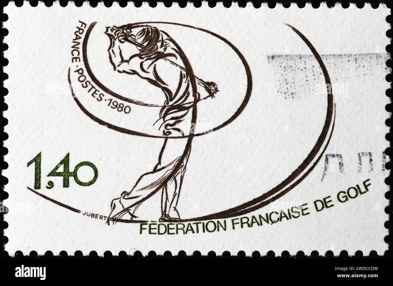 Stilvoller Golfer auf französischer Vintage-Briefmarke Stockfoto
