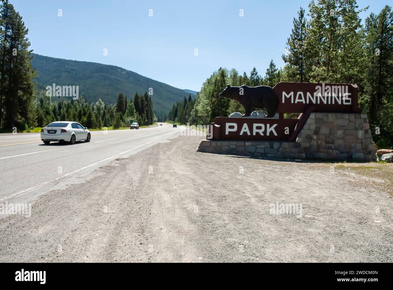 Hinweisschild am Osttor zum Manning Park, British Columbia, Kanada Stockfoto