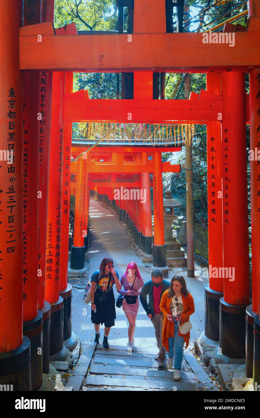 Kyoto, Japan - 1. April 2023: Fushimi Inari-taisha, erbaut im Jahr 1499, ist es das Symbol eines Weges, der von Tausenden von Torii-Toren mit malerischer, voller Blüte gesäumt ist Stockfoto