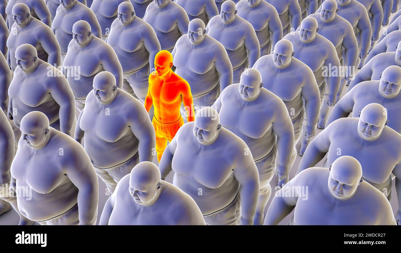 Klone von übergewichtigen Menschen und einer Person mit durchschnittlichem Gewicht, Illustration Stockfoto