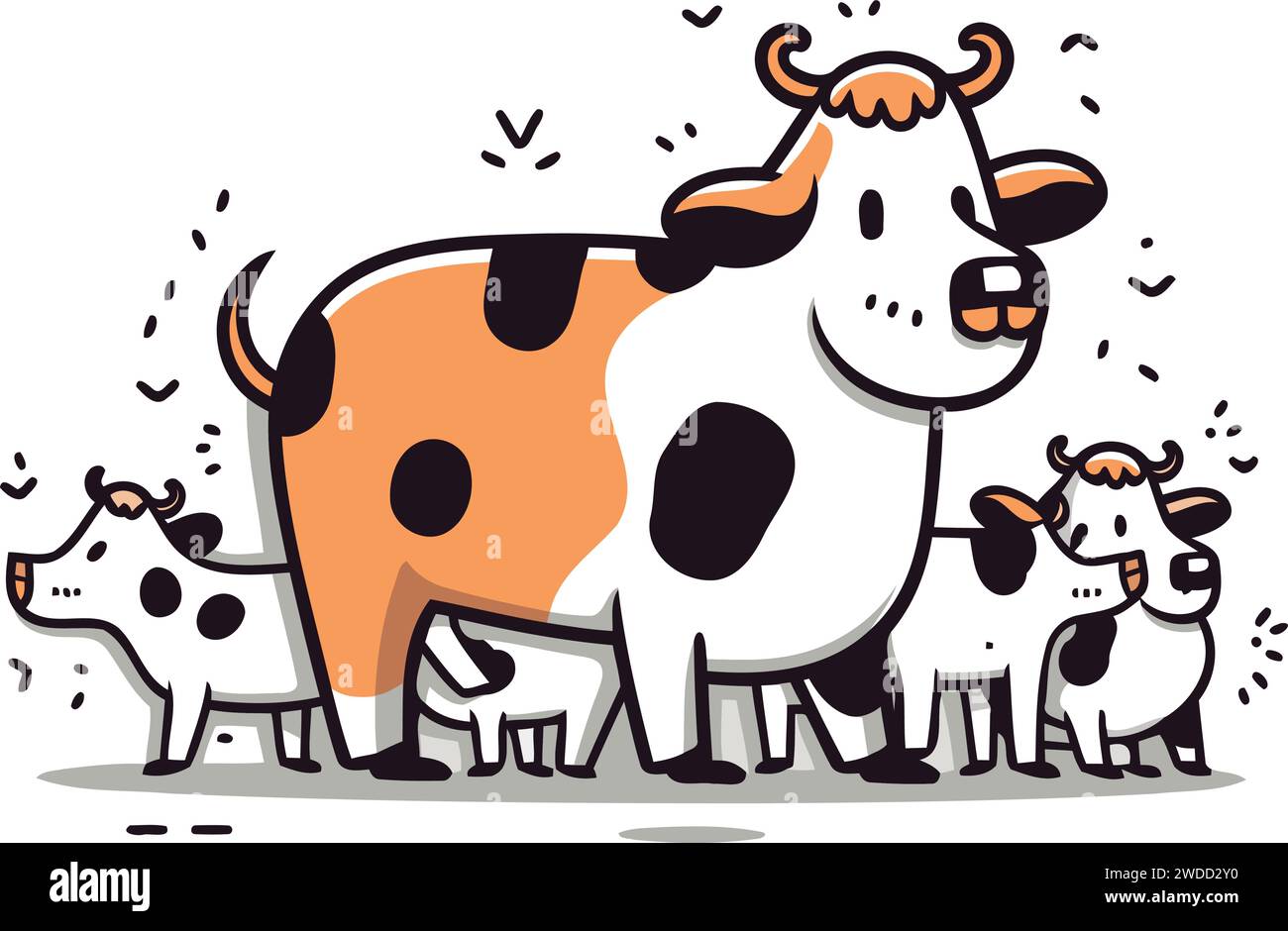 Süße Karikaturkuh mit einer Herde Kühe. Vektorabbildung. Stock Vektor