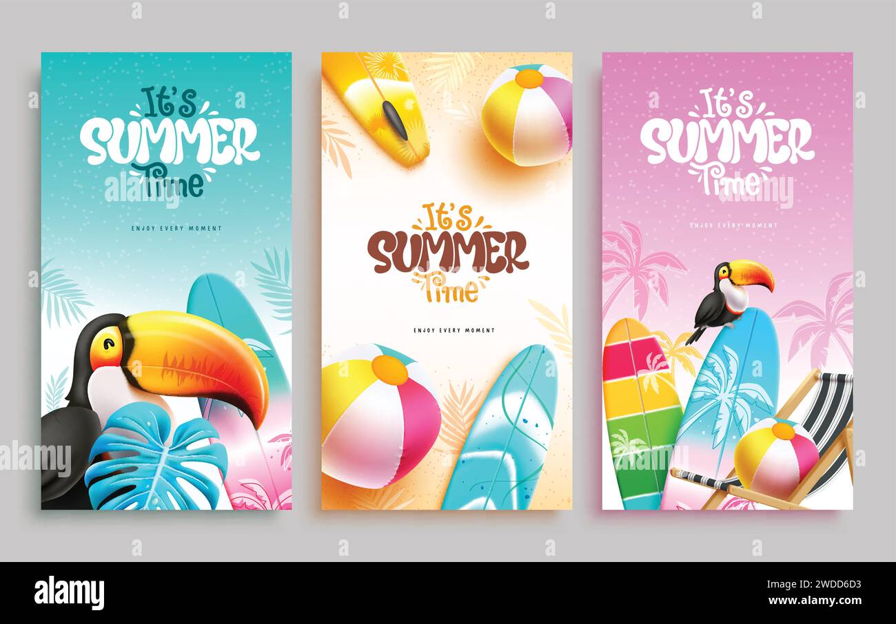 Design mit Textplakat im Sommer. Es ist Sommer-Text mit Tukan-, Surfbrett- und Strandball-Dekorationselementen für die tropische Saison Kollektion. Stock Vektor