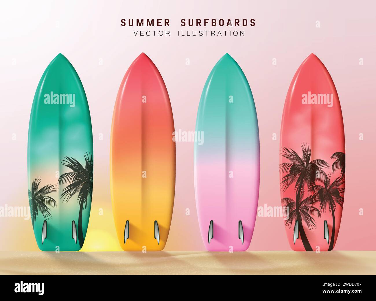 Sommer-Surfboard-Elemente Vektor-Set-Design. Surfbretter in Pastellfarben mit Palmendekoration für Surfaktivitäten im Urlaub. Vektor Stock Vektor