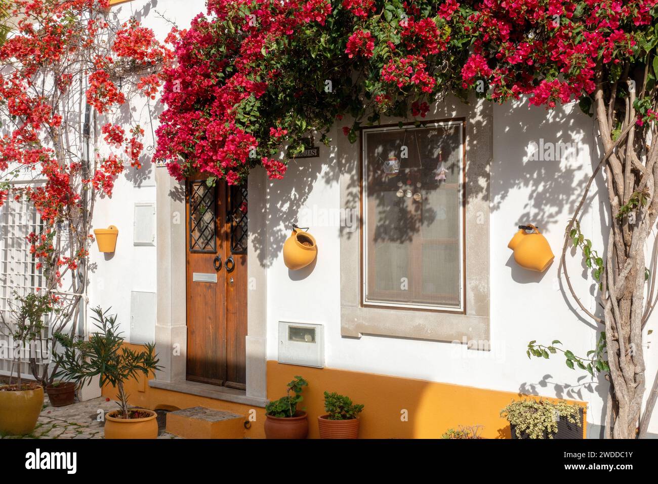 Traditionelles Haus Der Weißen Algarve In Tavira Mit Roter Bougainvillea-Pflanze Vor Der Haustür Stockfoto