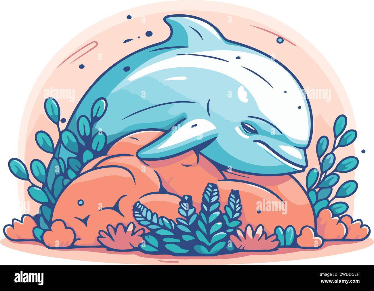 Süßer Delfin auf dem Felsen. Vektorillustration im Cartoon-Stil. Stock Vektor