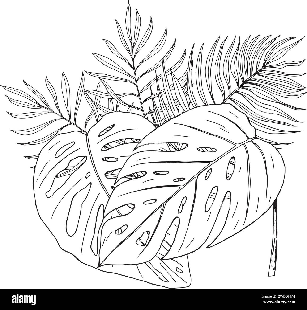 Vektorkomposition mit exotischen Blättern. Handgezeichnete Illustration in Vektor konvertiert. Zum Bedrucken von Textilien, Verpackungen, Tapeten und Karten Stock Vektor