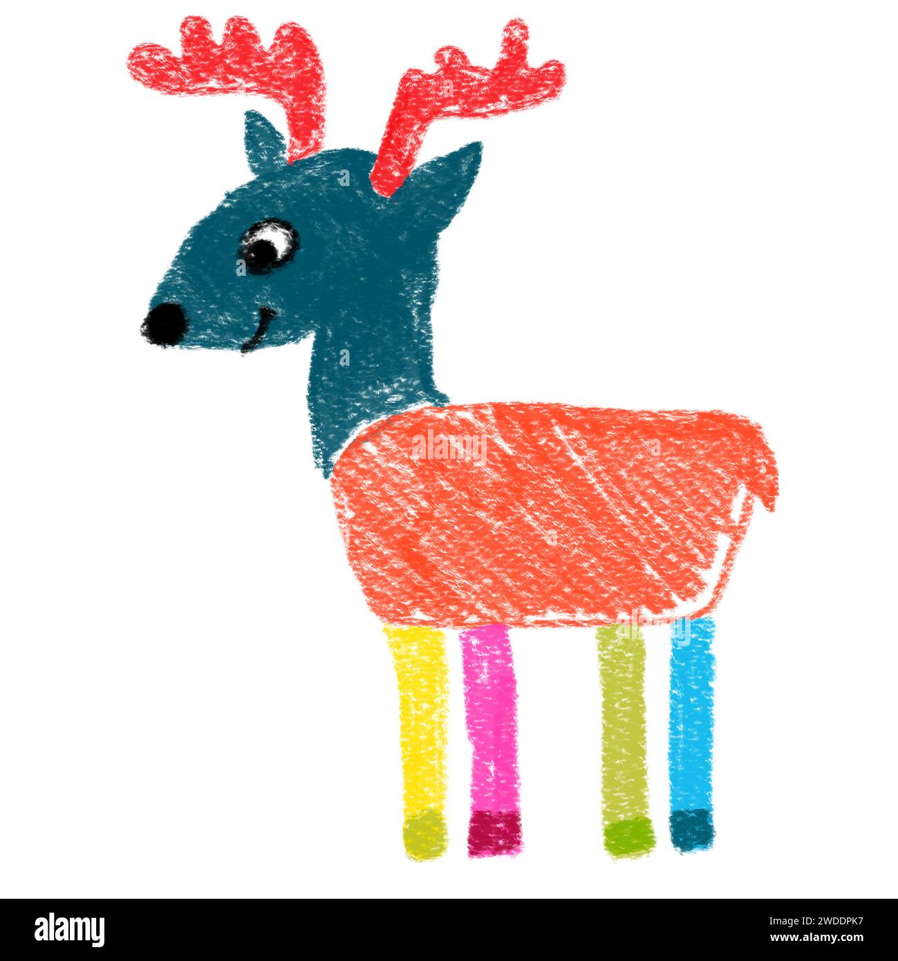 Handgezeichneter einfacher bunter Hirsch auf weißem Hintergrund. Kinderzeichnungen mit Bleistifttechnik. Isolierte Bilder. Für Design und Karte Stockfoto