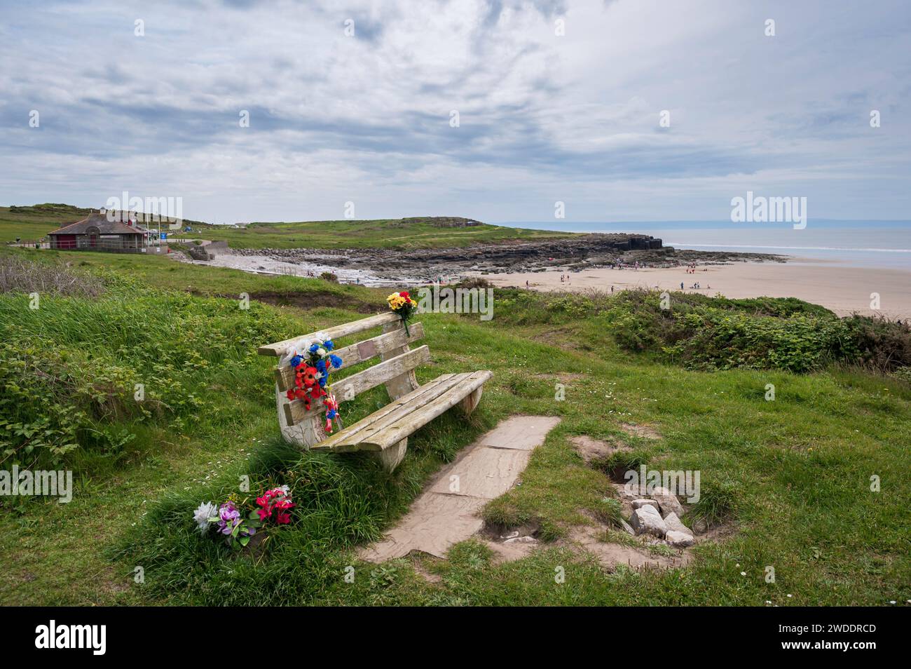 Eine Bank mit Blick auf einen Strand, auf der Blumenmäler stehen. Stockfoto