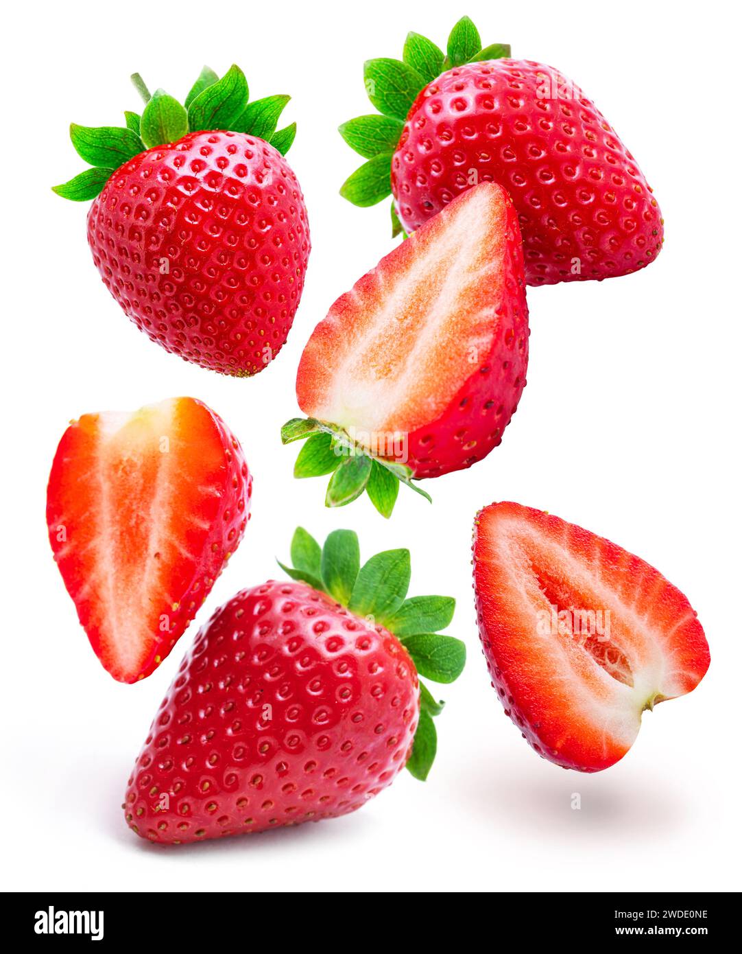 Fliegen in der Luft Erdbeeren und Erdbeerscheiben isoliert auf weißem Hintergrund. Stockfoto