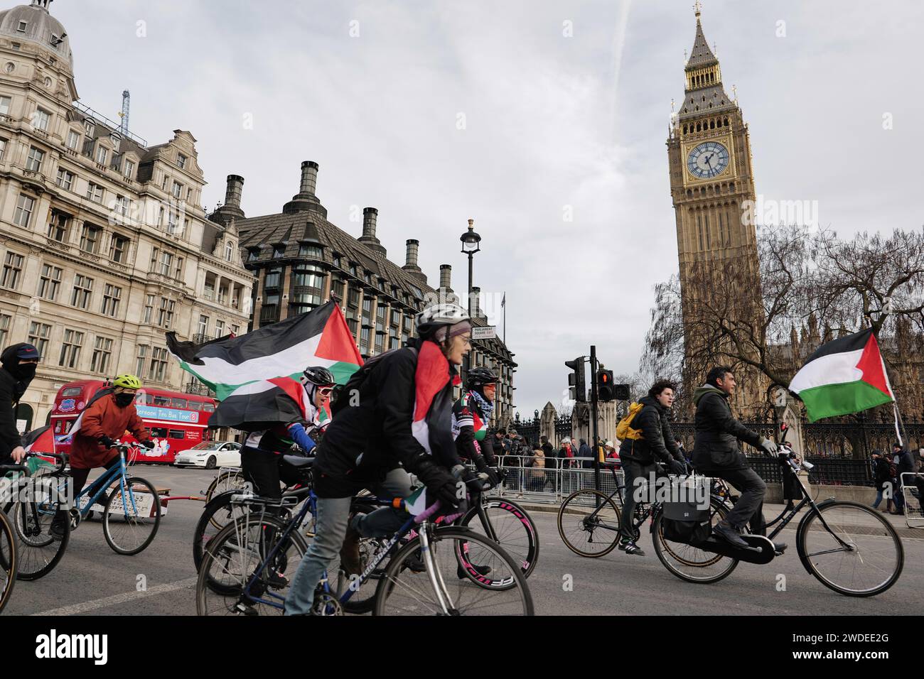 London/UK 20. JAN 2024. Pro-palästinensische Demonstranten veranstalteten eine Zykluskundgebung auf dem parlamentsplatz und skandierten jetzt den Waffenstillstand. Aubrey Fagon / Alamy Live News Stockfoto