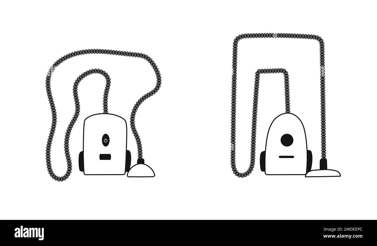 Zwei Staubsauger mit geometrischem und welligem Schlauch in flachem, minimalem Design. Elemente der Cartoon-Reinigungsausrüstung. Stock Vektor Zwei Staubsauger mit geometrischem und welligem Schlauch in flachem, minimalem Design. Elemente der Cartoon-Reinigungsausrüstung. Stock Vektor