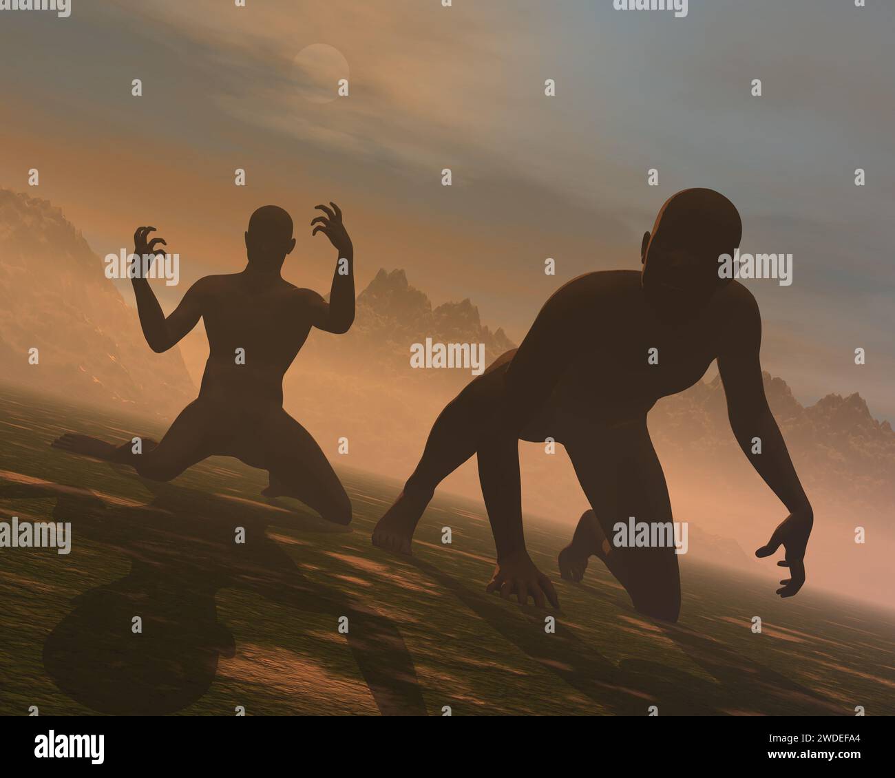 Der Vormarsch der Zombies in einem Wüstenland bei Sunse Stockfoto