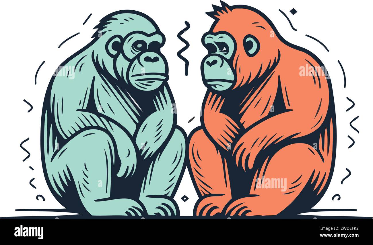 Gorilla und Affe. Handgezeichnete Vektorgrafik. Isoliert auf weißem Hintergrund. Stock Vektor