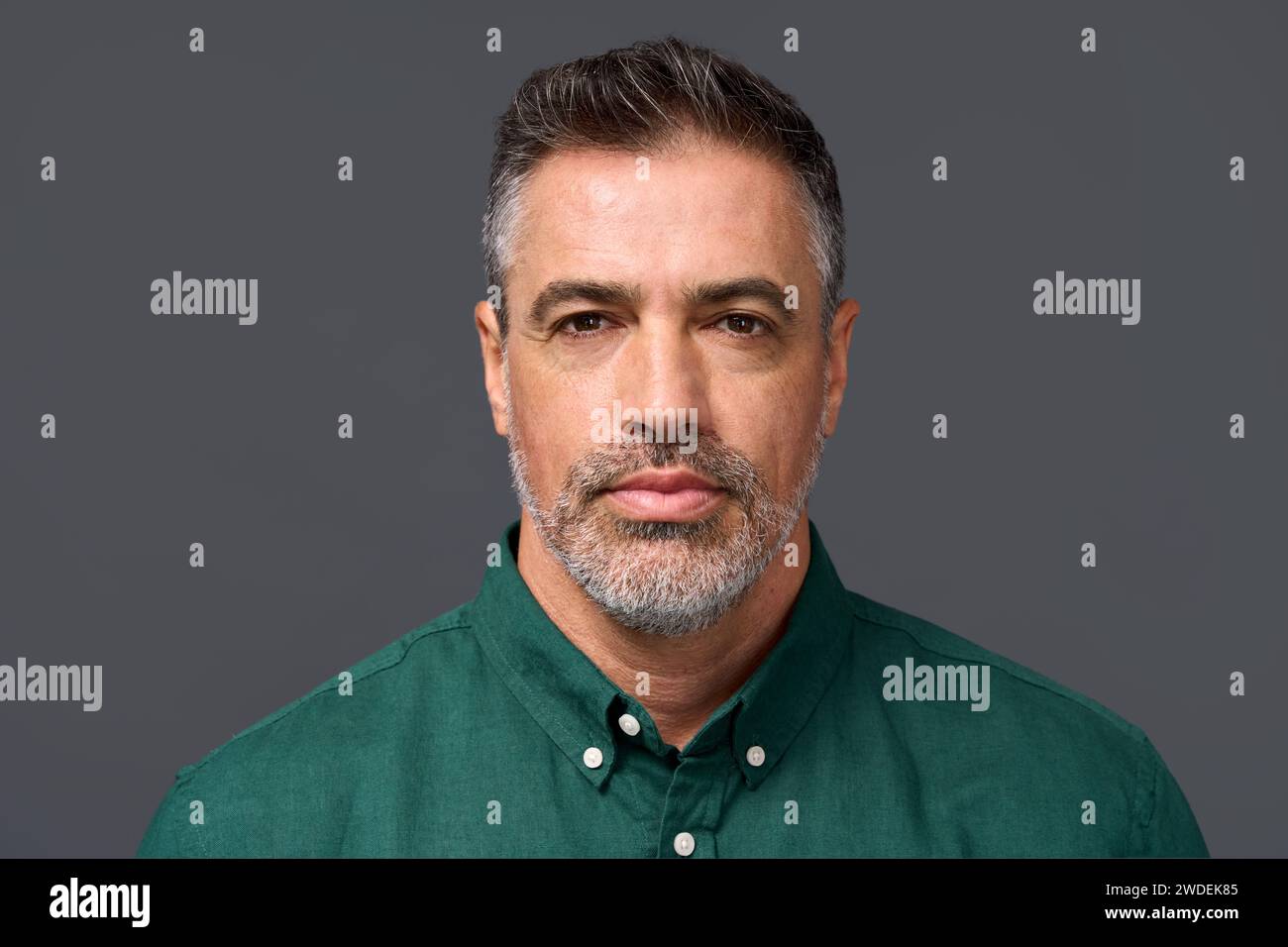 Selbstbewusster Geschäftsmann mittleren Alters, isoliert auf Grau. Kopfaufnahme im Porträt. Stockfoto