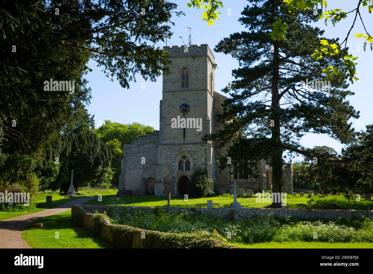 St. Peter's Church mit ihrem Turm aus dem 14. Jahrhundert, Moulton, Suffolk Stockfoto