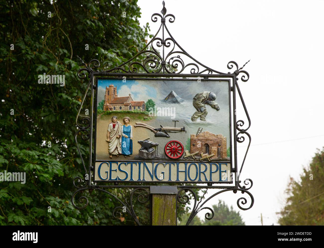 Das Dorfschild in Gestingthorpe, Essex, England. Stockfoto