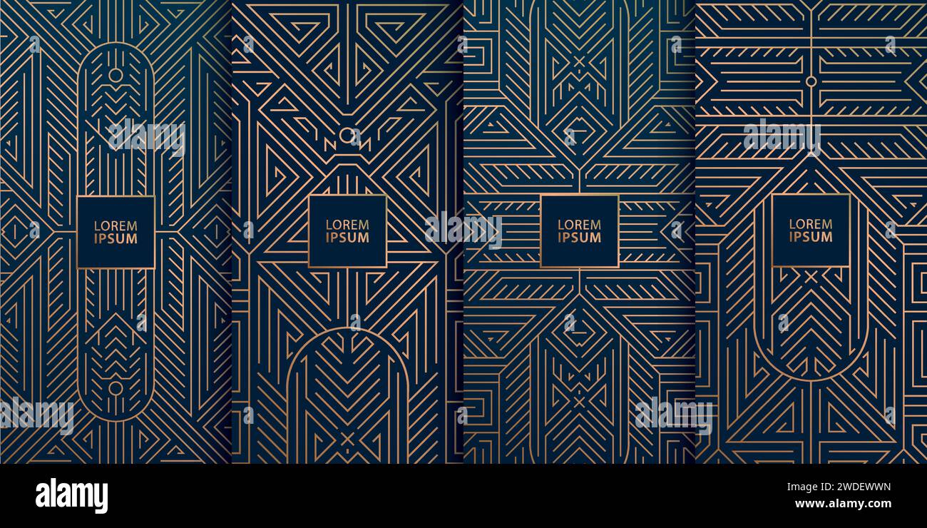 Vektorsatz der Art-Deco-Linie geometrische Hintergründe, Wein, Box, Schokolade, Etikettendesign. Hochwertiges schwarzes und goldenes gatsby-Ornament. Stock Vektor