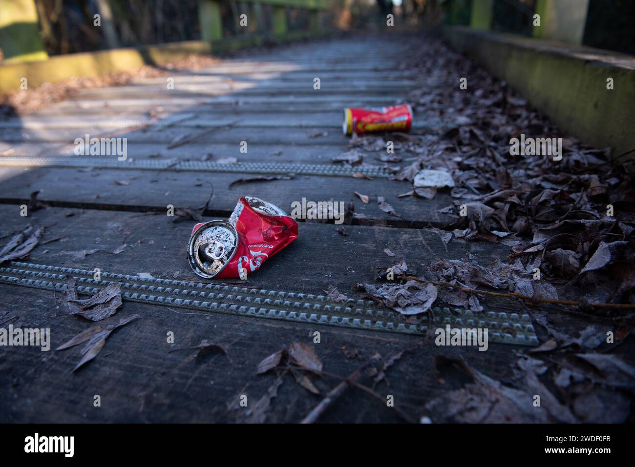 Müll auf dem Landweg, zerknitterte Dosen auf dem Boden Stockfoto