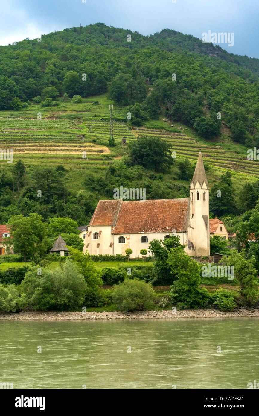 Wachau Tal, Niederösterreich - AT - 8. Juni 2023 Vertikaler Blick auf die malerische Kirche St. Sigismund, Schwallenbach, eingebettet in die sanften Hügel Stockfoto