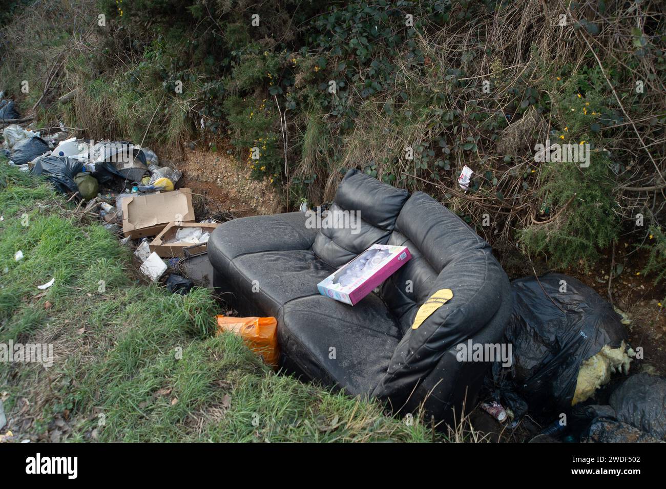 Wexham, Großbritannien. Januar 2024. Schockierende Mengen von Fliegenkippen in einem ländlichen Ort in Wexham, South Buckinghamshire. Im Vergleich zum letzten Monat ist die maximale festgesetzte Strafe für Fly Tipping in South Bucks von €400 auf €1.000 gestiegen. Die Haushalte haben die Pflicht zu überprüfen, ob die Abfalltransporteure über eine Genehmigung verfügen, um Abfälle ordnungsgemäß zu sammeln und zu entsorgen. Wenn der Hausmüll später in die Luft gekippt wird und der Täter gefangen wird, kann dem Haushalter ebenso wie dem Täter eine Geldstrafe auferlegt werden. Quelle: Maureen McLean/Alamy Live News Stockfoto