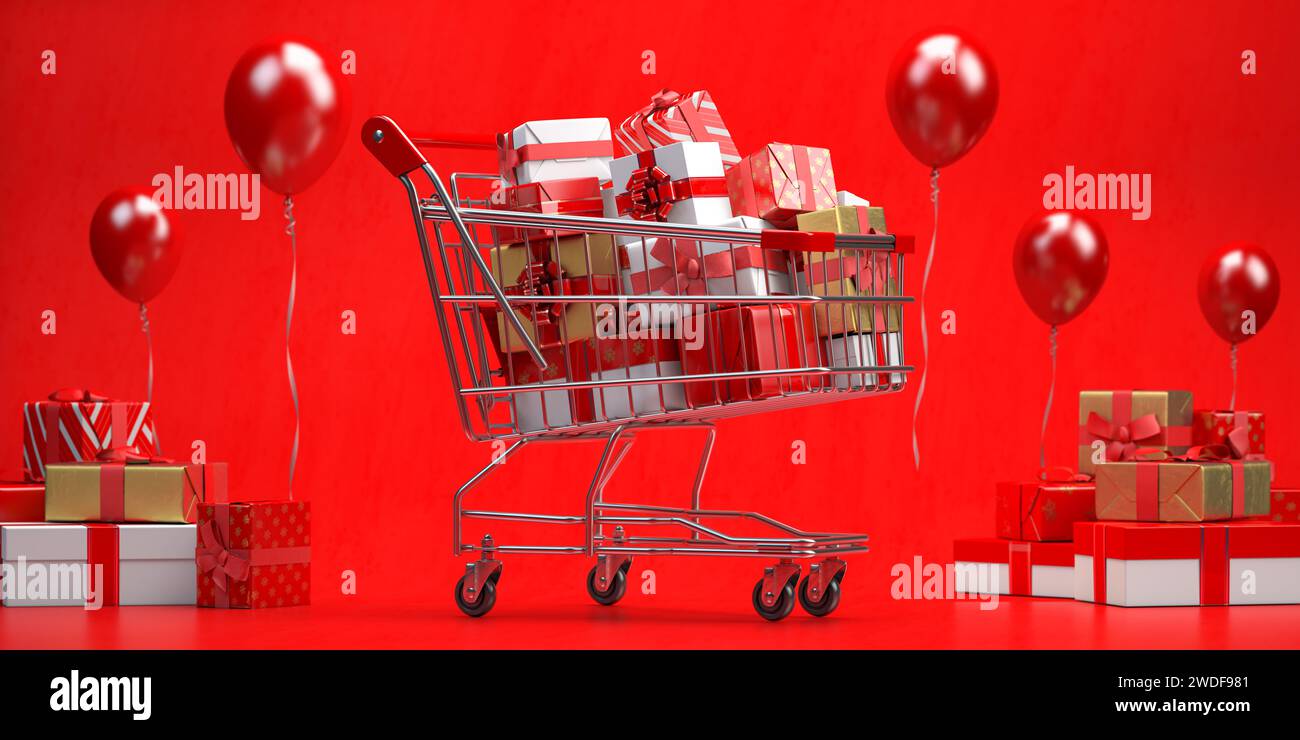 Warenkorb voller Geschenkboxen mit Bändern und Schleifen auf rotem Hintergrund. Einkaufskonzept zum Valentinstag. 3D-Abbildung Stockfoto