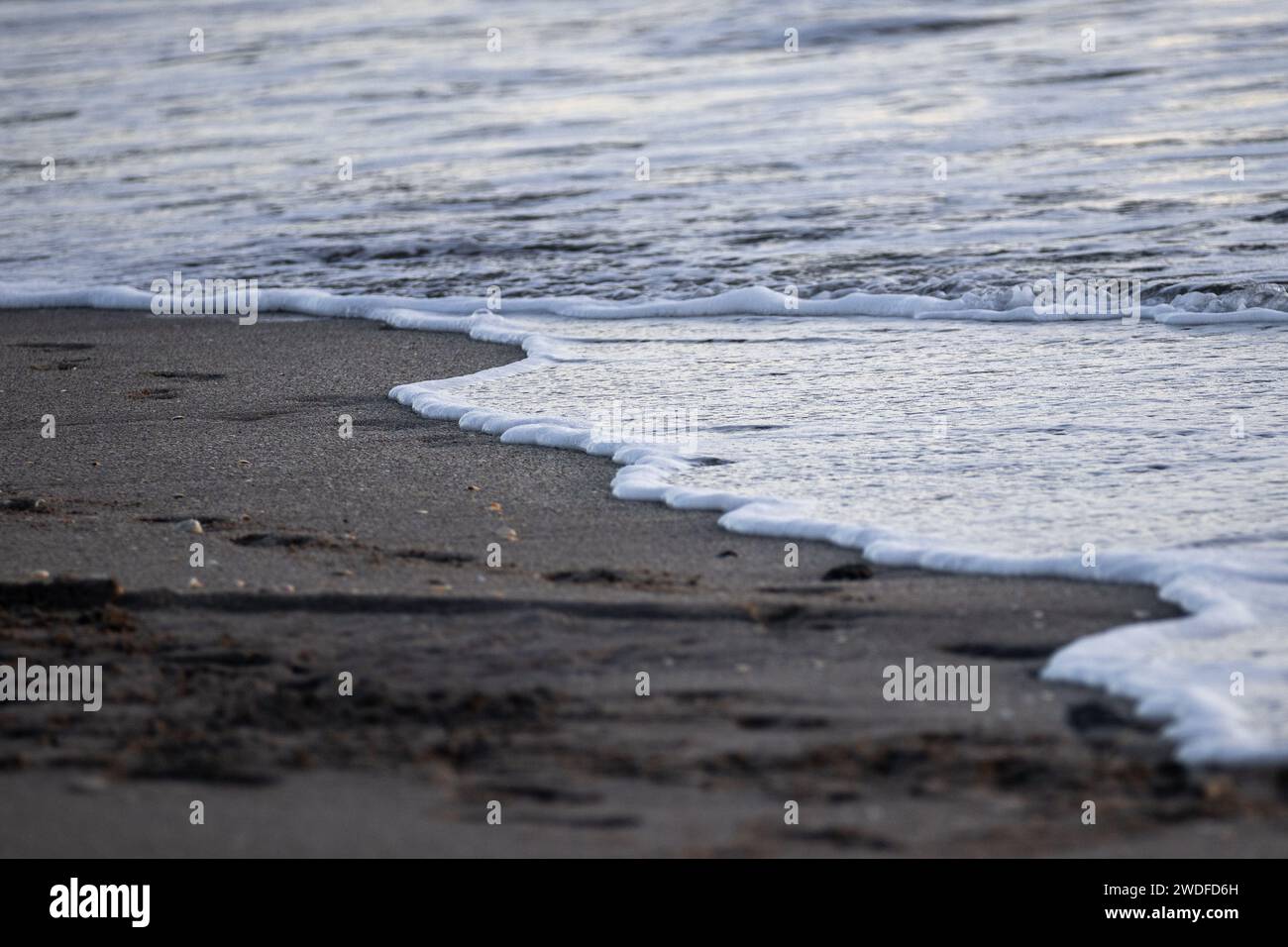 Schaumiger Meeresrand am Sandstrand, ideal für Entspannungsthemen, Natur-Soundtracks und meditative Hintergrundbilder. Stockfoto