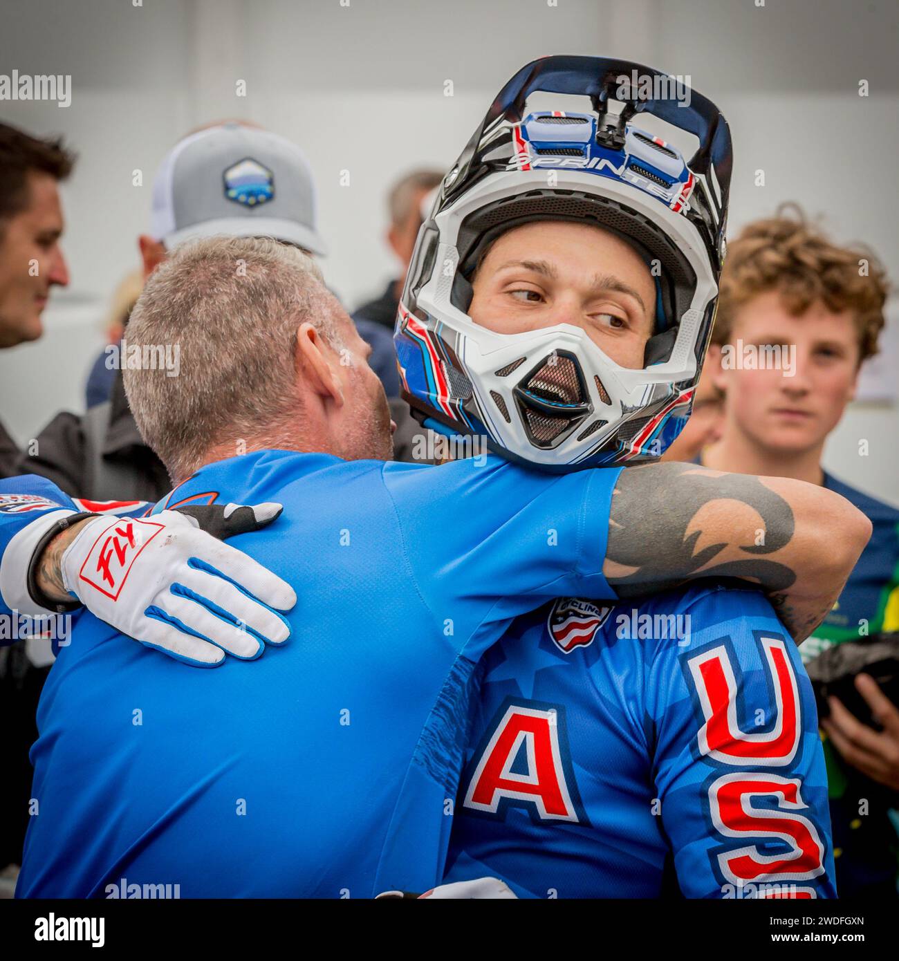 Barry Nobles (USA), gleich nachdem er Masters Men World Champion bei den UCI BMX Racing World Championships 2023 in Glasgow wurde Stockfoto