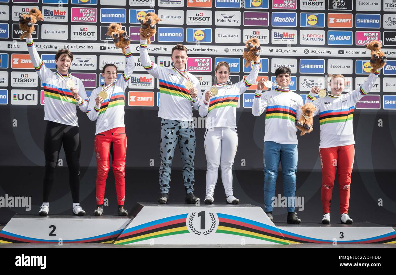 Gewinner der Meisterschaftsklassen bei den UCI BMX Racing World Championships 2023 in Glasgow Stockfoto