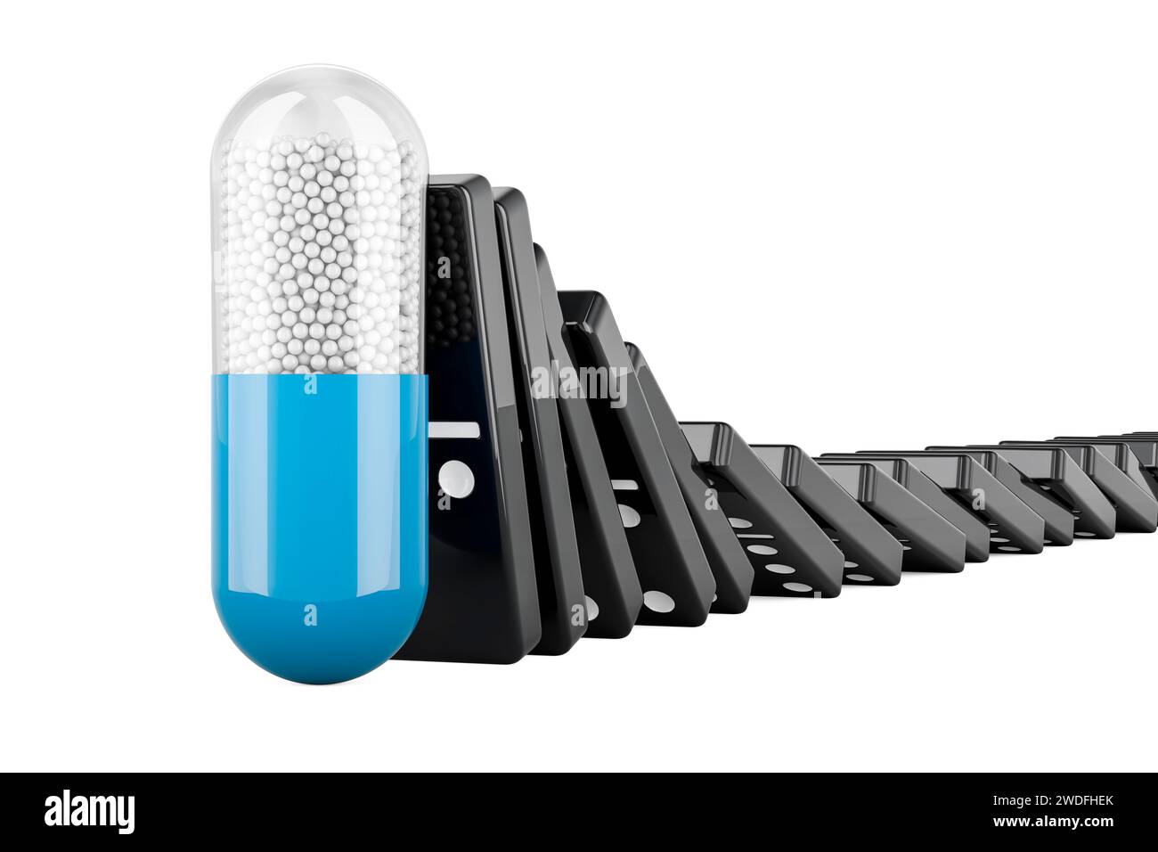 Kapsel mit Medikamenten stoppen Domino-Effekt, 3D-Rendering isoliert auf weißem Hintergrund Stockfoto