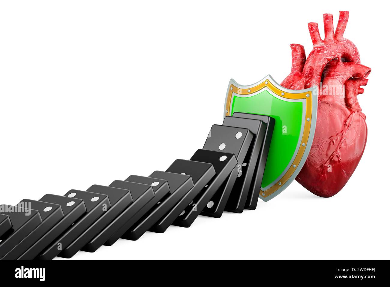 Schild vor menschlichem Herzen, stoppt den Domino-Effekt. Herzensschutz, Konzept. 3D-Rendering isoliert auf weißem Hintergrund Stockfoto