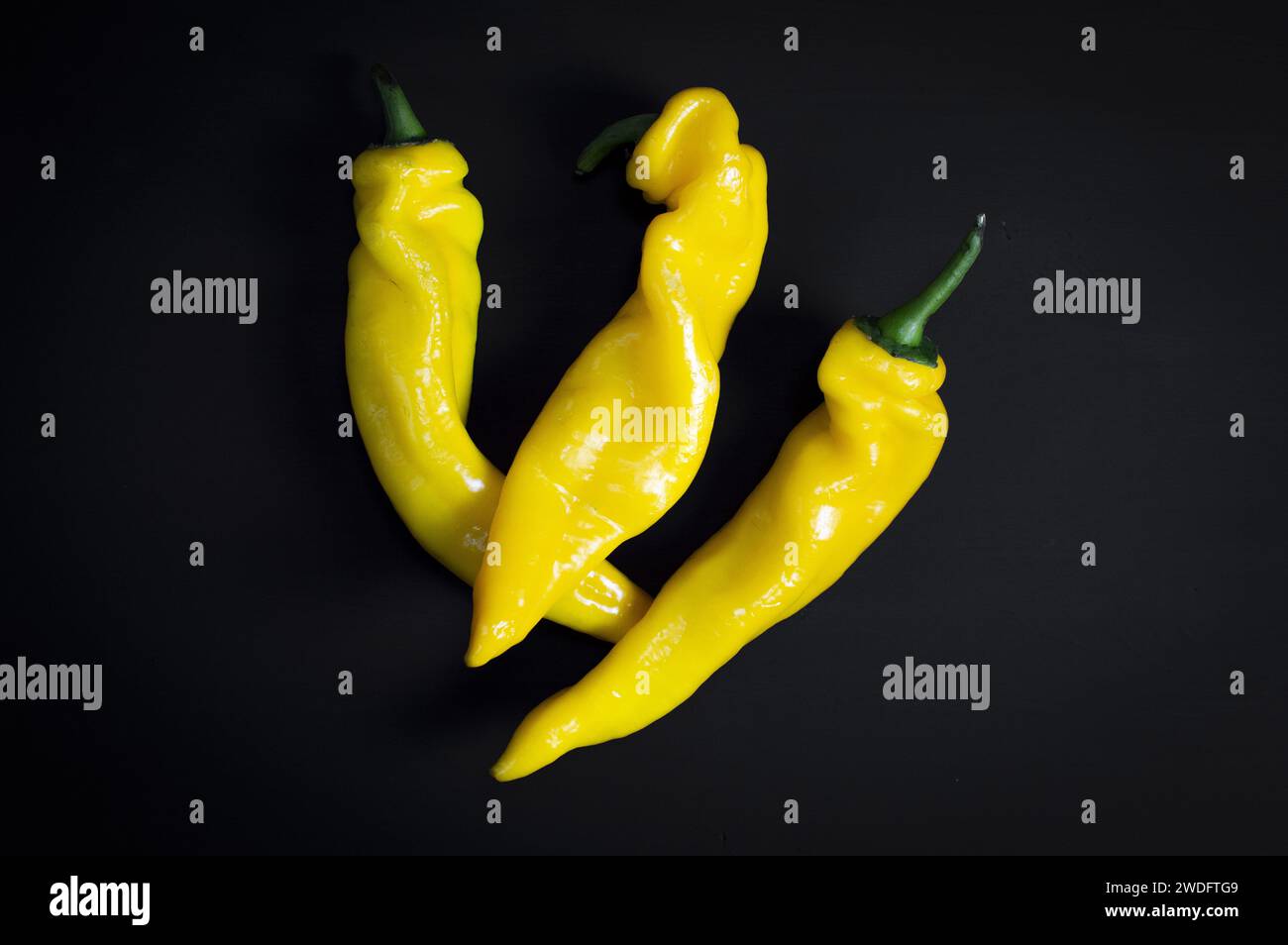 Gelbe Pfefferfotografie auf schwarzem Hintergrund lebendige Farbe Stockfoto