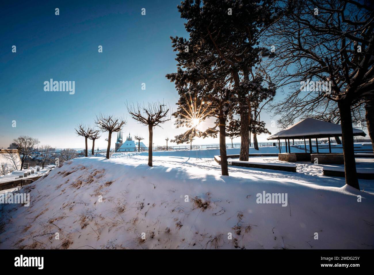 Der Erfurter Petersberg ist bedeckt von Schnee. In den frühen Morgenstunden, während des Sonnenaufgangs, glänzt der Dom in strahlendem Licht. Mit Blick über die ganze Stadt ist der Petersberg immer eine Attraktion für Touristen. Erfurt, 19.01.2024 *** Erfurts Petersberg ist in den frühen Morgenstunden schneebedeckt, bei Sonnenaufgang erstrahlt der Dom in brillantem Licht mit Blick über die ganze Stadt, der Petersberg ist immer eine Attraktion für Touristen Erfurt, 19 01 2024 Foto:XM.xKremerx/xFuturexImagex erfurt 4133 Stockfoto