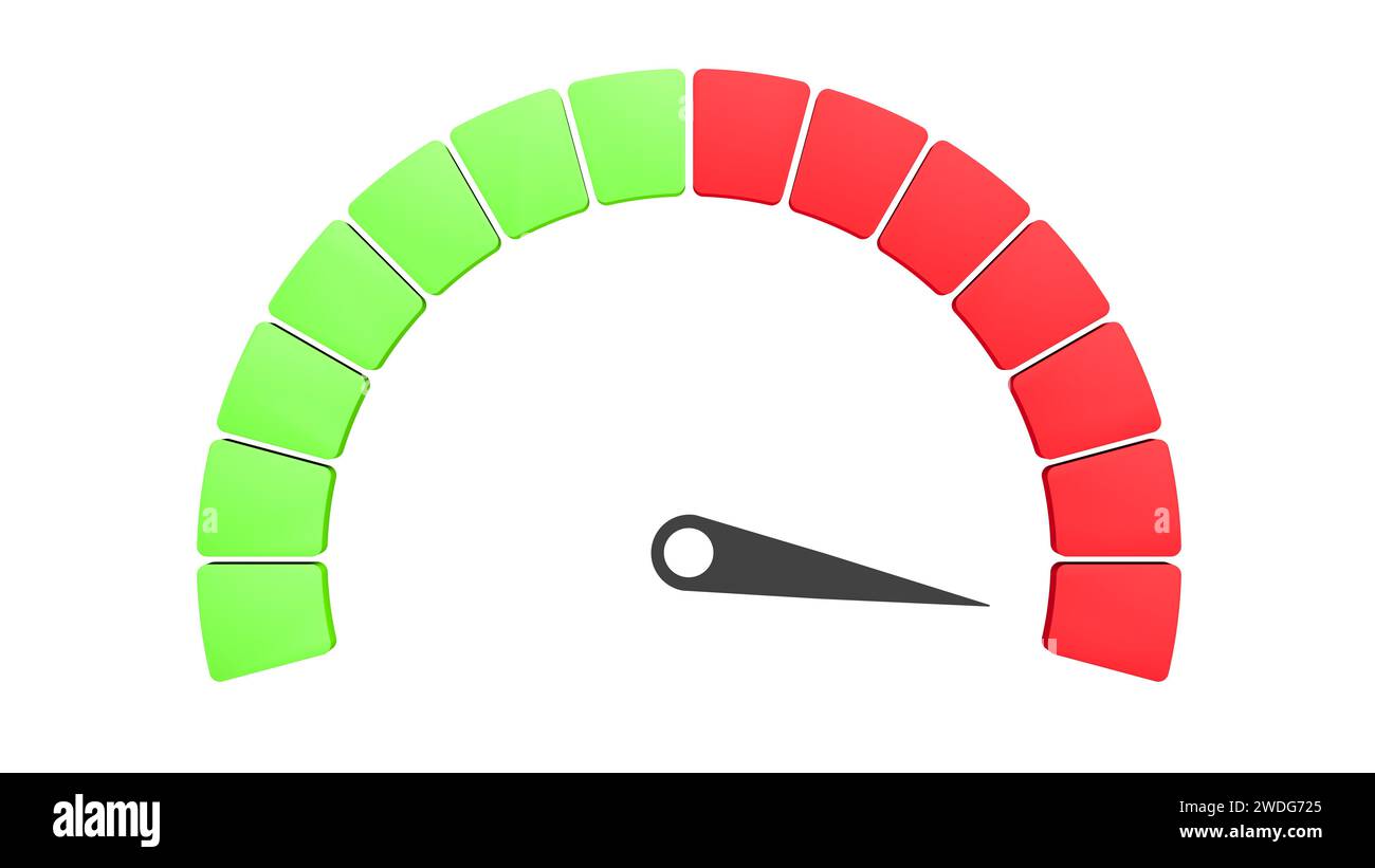 Tachometer. Isoliert. Grün und rot. 3D-Abbildung. Stockfoto