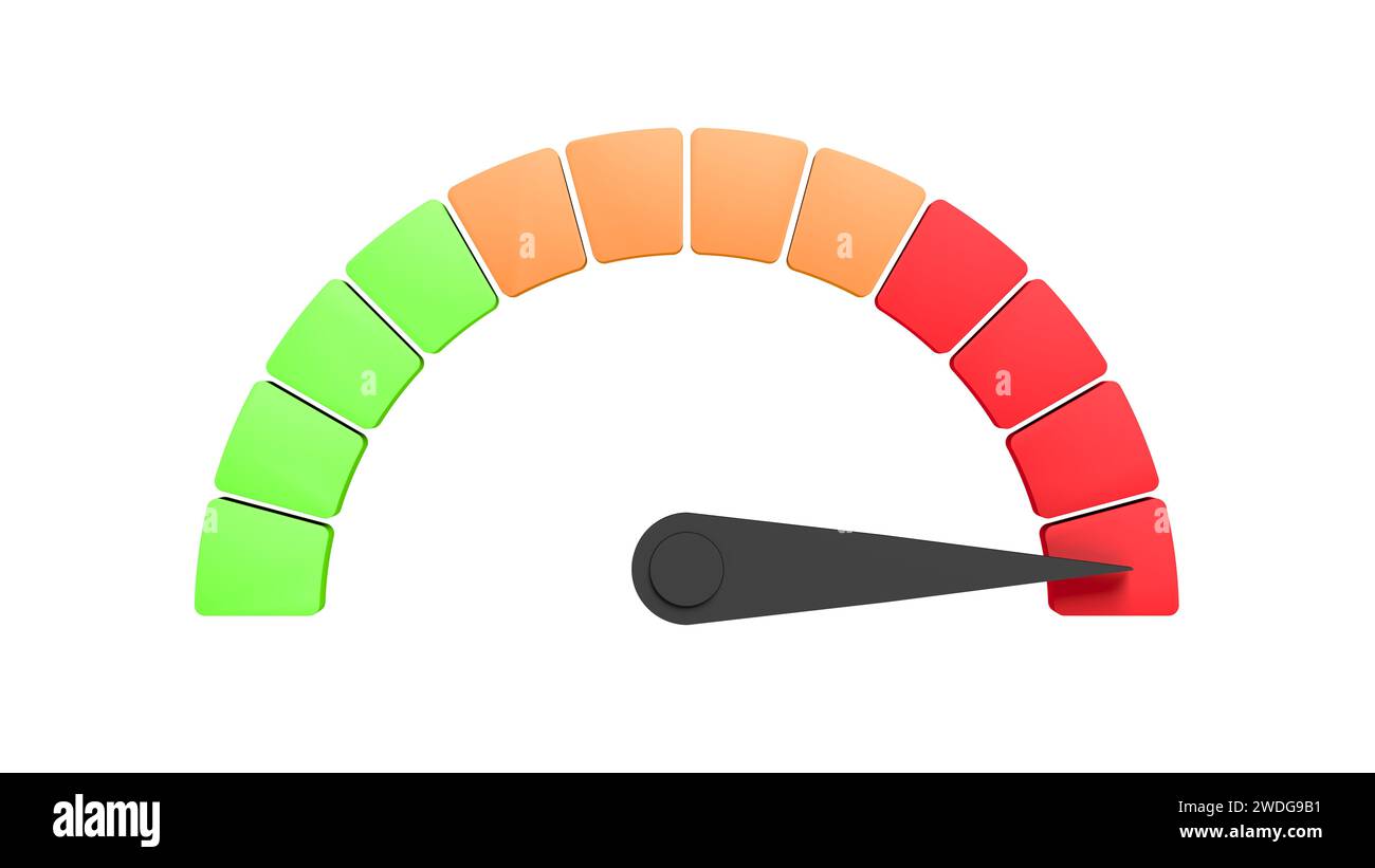 Tachometer. Isoliert. Grün und rot. 3D-Abbildung. Stockfoto