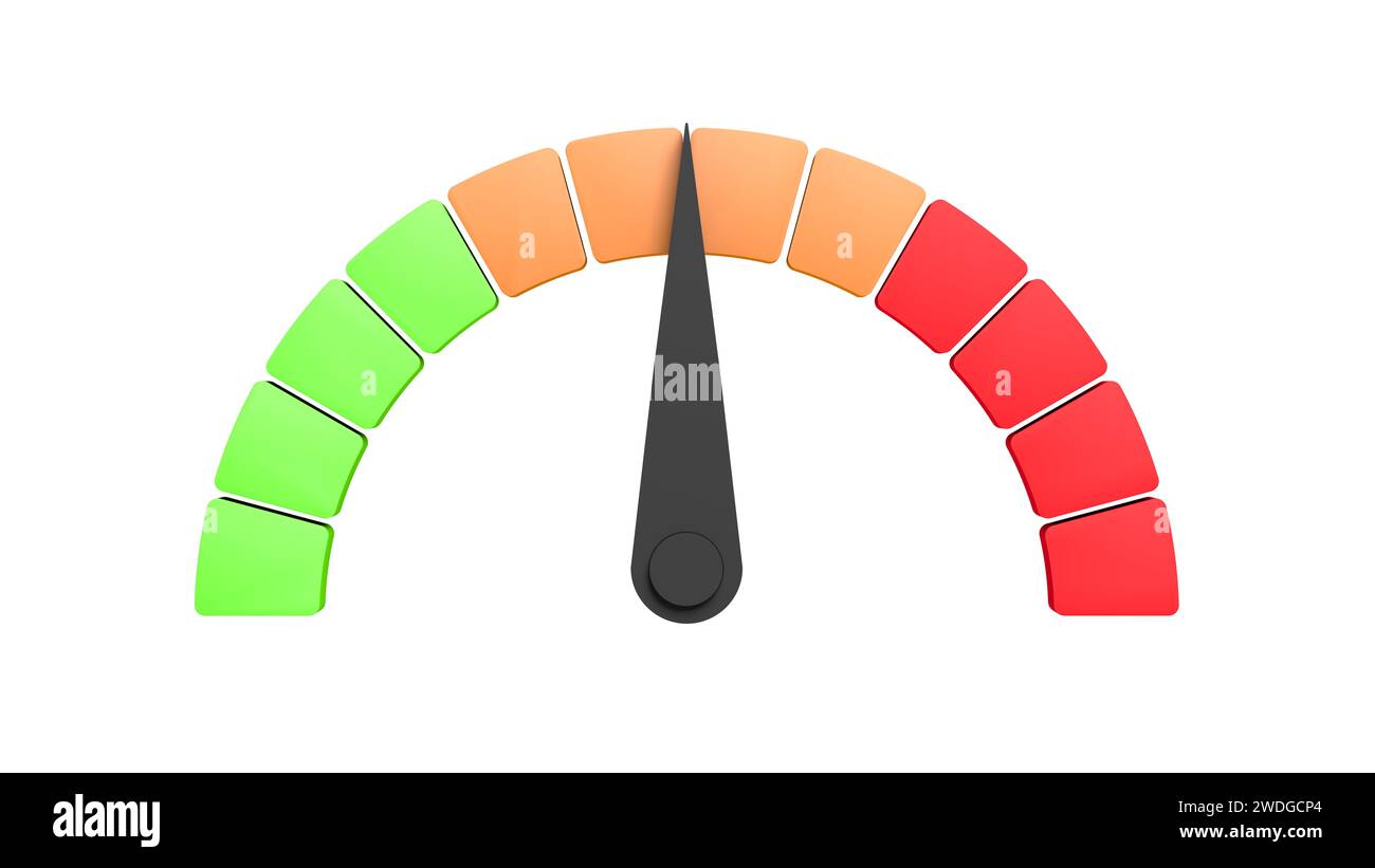 Tachometer. Isoliert. Grün, orange und rot. 3D-Abbildung. Stockfoto