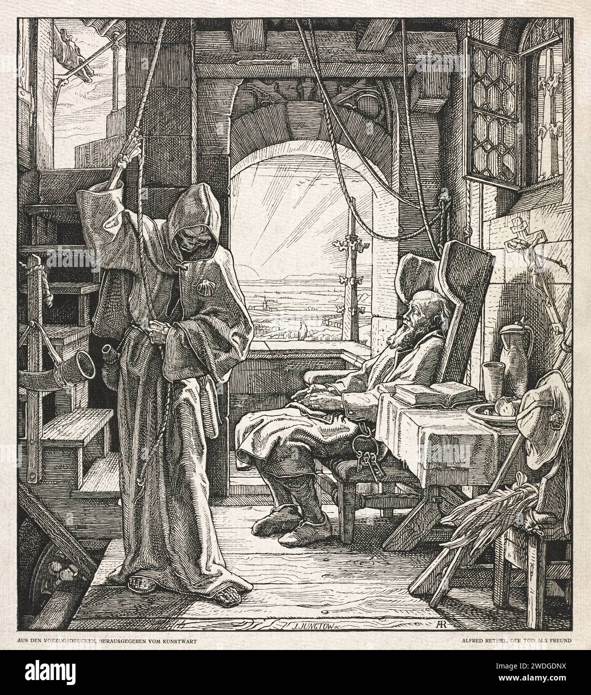 „Der Tod als Freund“ 1851 Holzschnitt von Alfred Rethel (1816-1859), der den Tod zeigt, der die Glocke für einen älteren christlichen Mann tönt, der bei Sonnenuntergang friedlich auf seinem Stuhl im Glockenturm schläft. Stockfoto