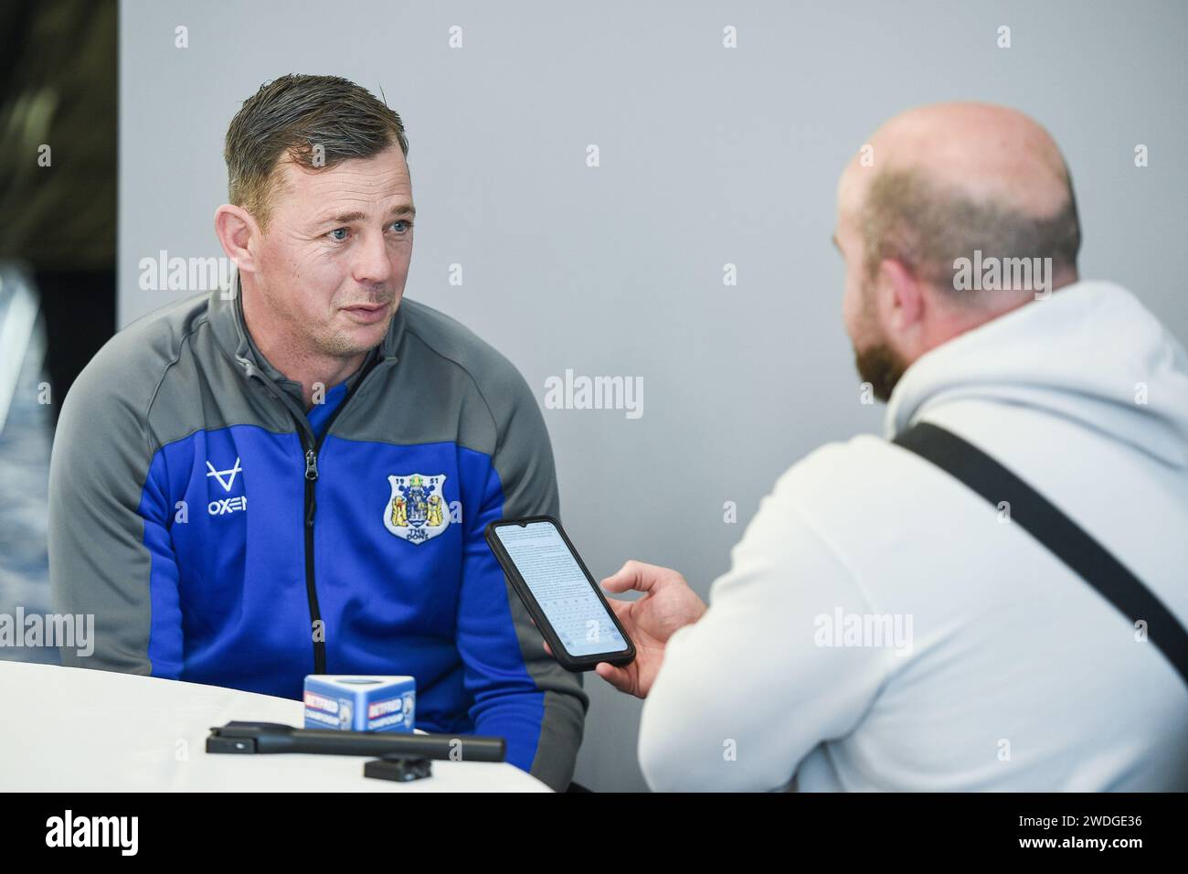 Wakefield, England – 19. Januar 2024 – Doncaster Head Coach Richard Horne spricht mit den Medien. Rugby League Championship, League One & 1895 Cup. Staffel Launch und Media Day im DIY Kitchens Stadium, Wakefield, UK Dean Williams Stockfoto
