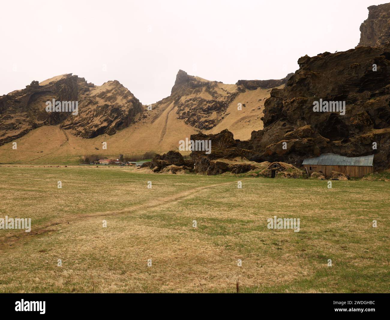 Drangurinn í Drangshlíð ist eine charakteristische Tufffelsenformation, die allein auf dem Weideland der Farm Drangshlíð steht Stockfoto