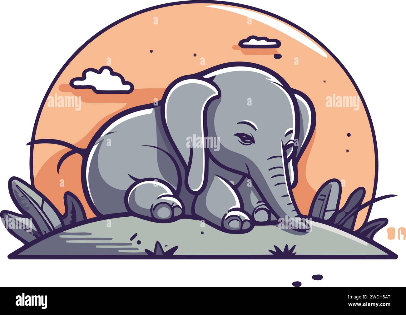 Süßer Elefant auf dem Gras. Vektorillustration im Cartoon-Stil. Stock Vektor