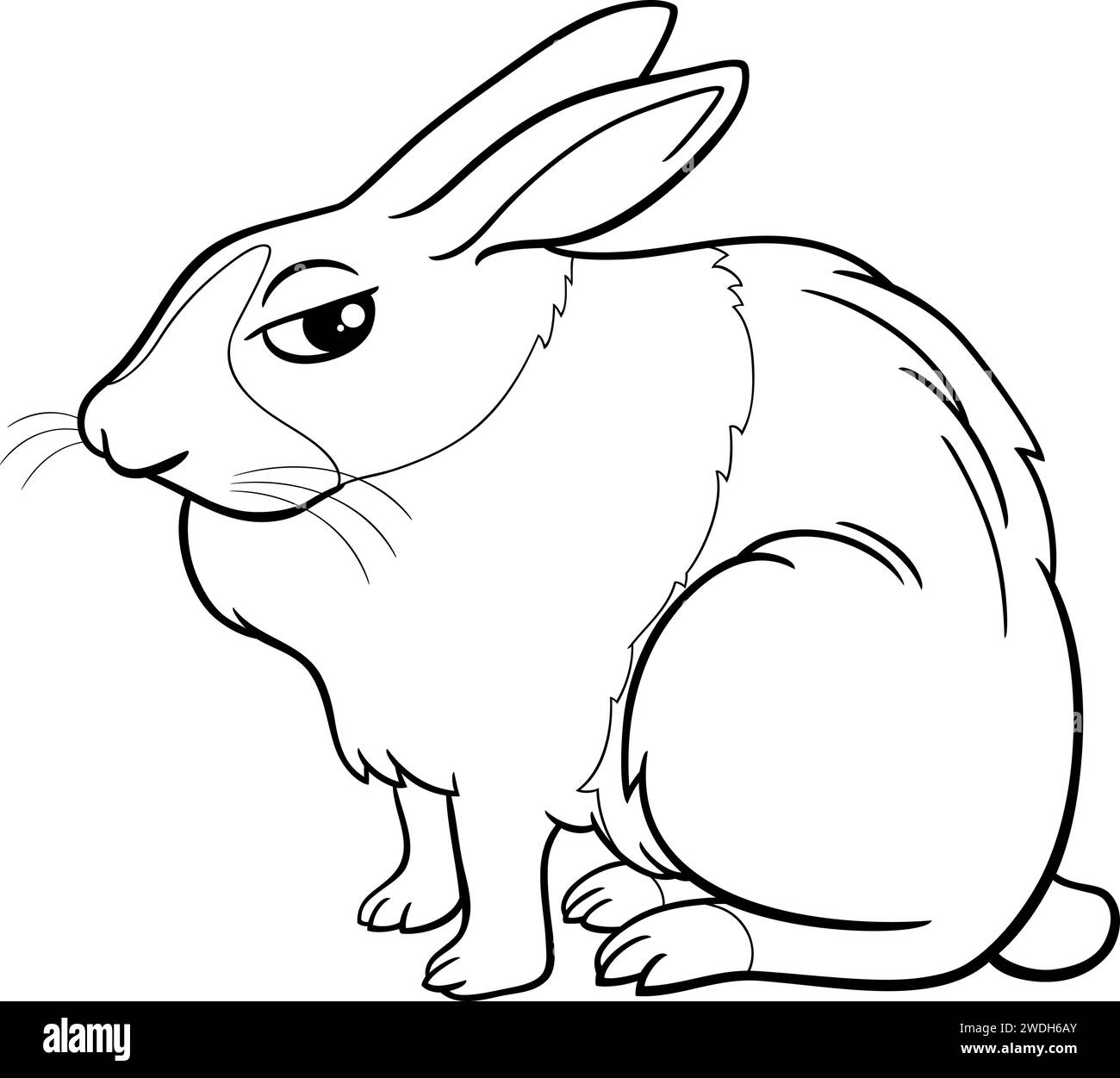 Schwarz-weiße Zeichentrickillustration der lustigen sitzenden Miniatur-Kaninchen-Comic-Tierfigur Malseite Stock Vektor