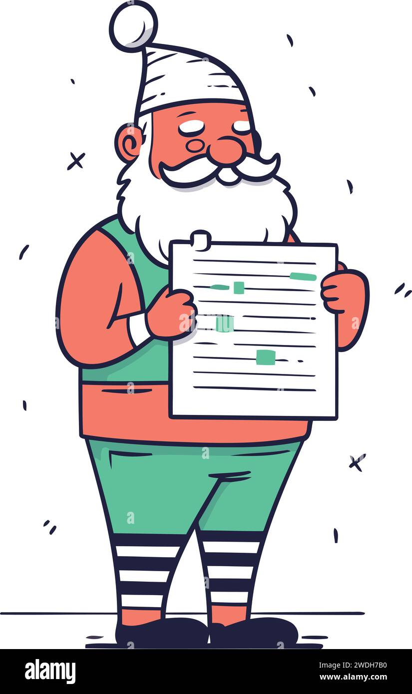 Weihnachtsmann mit einer Liste von Aufgaben. Vektorillustration im Cartoon-Stil. Stock Vektor