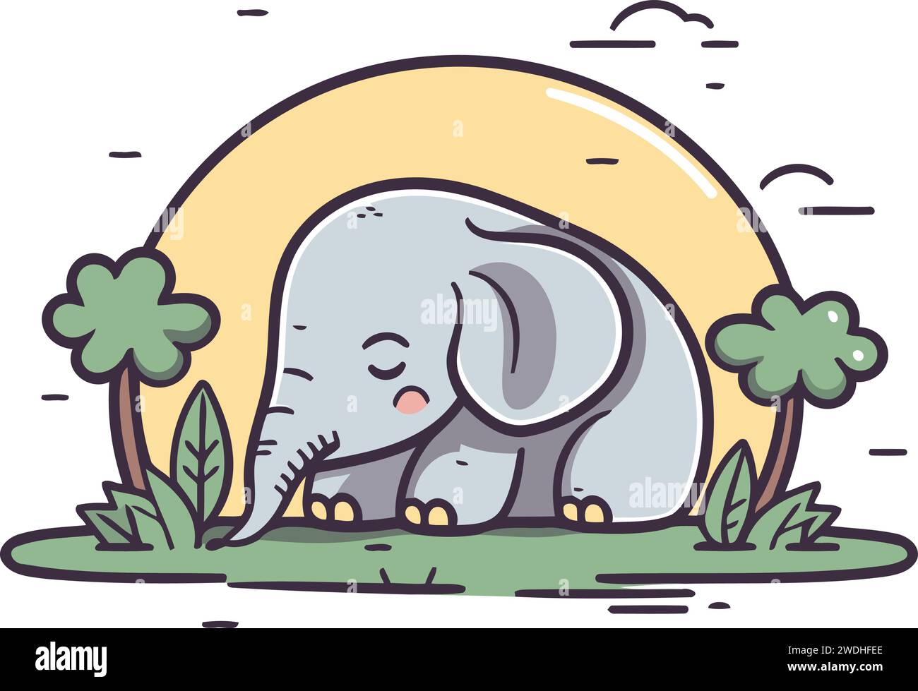 Süßer Elefant, der auf dem Gras im Park schläft. Vektorabbildung. Stock Vektor