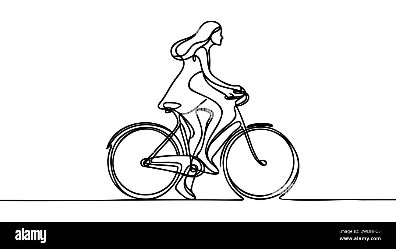 Durchgehende eine Linie, die Frau auf einem Fahrrad zeichnet. Eine durchgehende Linienzeichnung eines fahrenden Mädchens. Stock Vektor