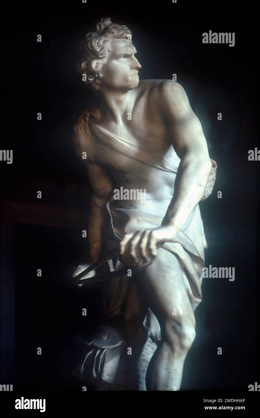 David-Skulptur von Gian Lorenzo Bernini, aufgenommen 1992, Galleria Borghese, Villa Borghese, Rom, Italien Stockfoto