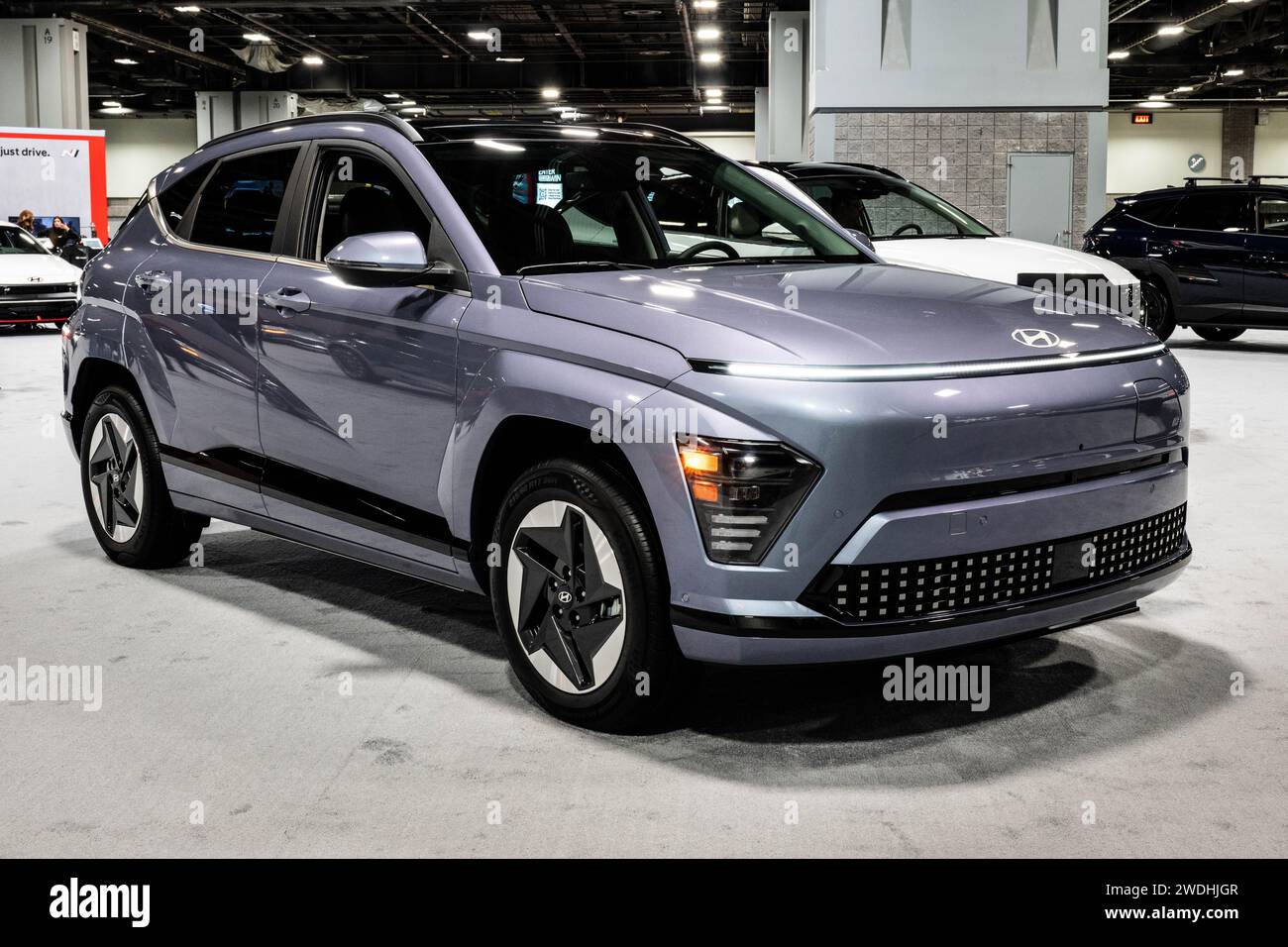 Washington, Usa. Januar 2024. Das Hyundai Kona Electric auf der Washington DC Auto Show im Walter E. Washington Convention Center. Quelle: SOPA Images Limited/Alamy Live News Stockfoto