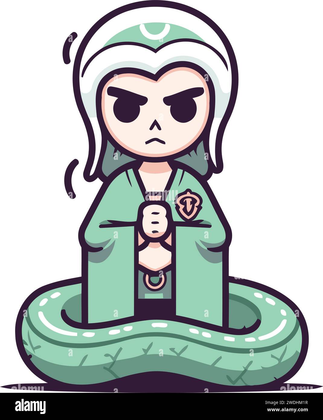 Illustration einer Zeichentrickfrau in grünem Gewand mit einer Schlange Stock Vektor
