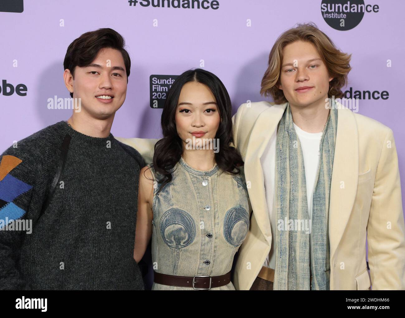 Park City, USA. Januar 2024. Eddy Maday, Callina Liang, West Mulholland, bei der Premiere des Sundance Film Festivals 2024, das am 19. Januar 2024 im Library Center Theatre in Park City, Utah, stattfand. © JPA/AFF-USA.com Credit: AFF/Alamy Live News Stockfoto